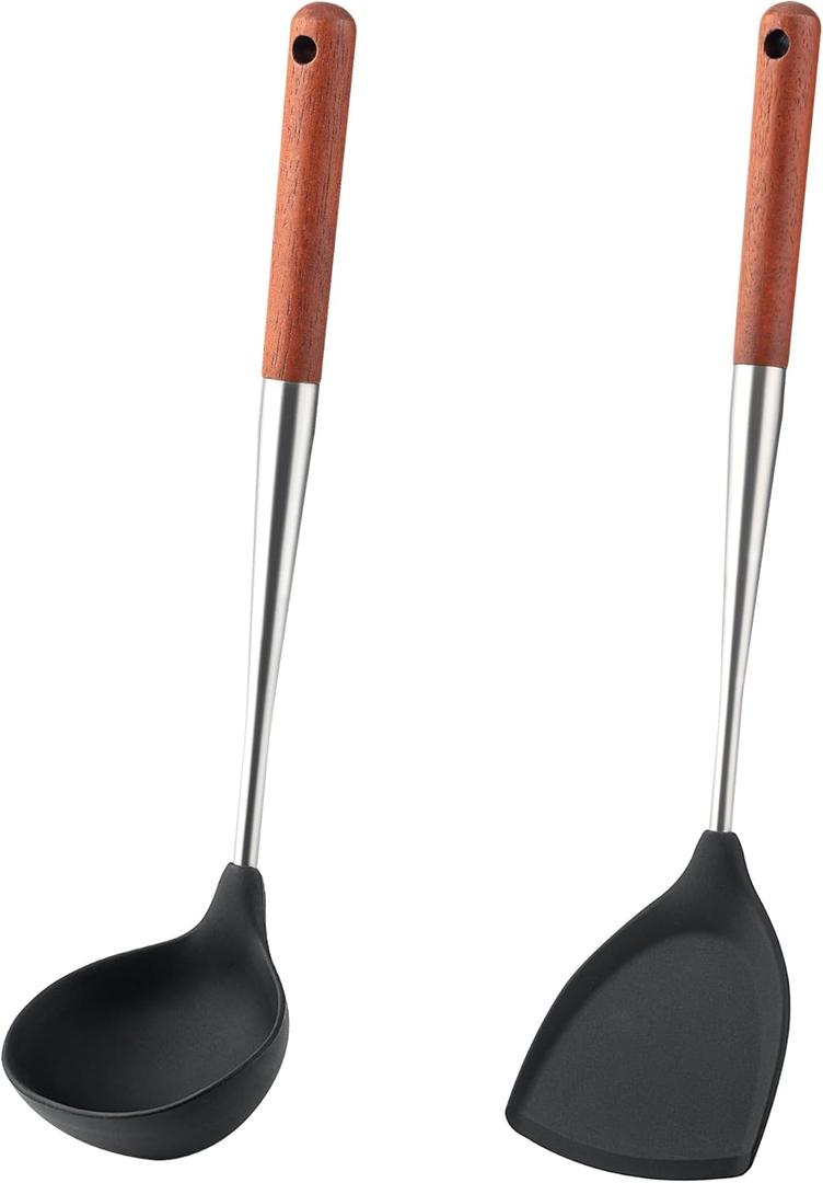 2 x FJNATINH Silicone Spatula Ladle Set - BPA Free Stainless Steel Non Stick Heat-Resistant Kitchen Tools Cooking Utensils Cookware with Wooden Handle, 2 Pcs