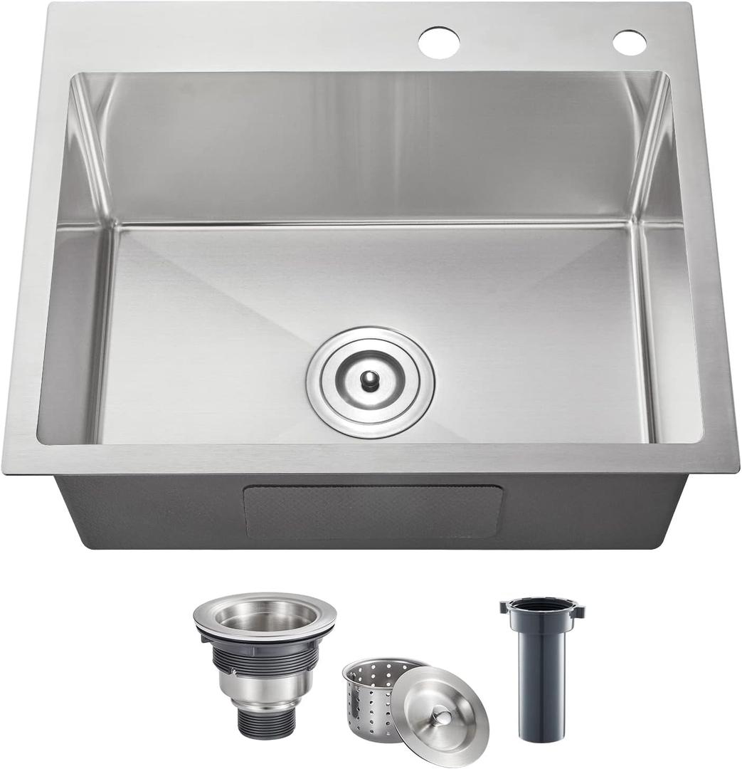 POPFLY 2016 inch Drop In Kitchen Sink, 18 Gauge Stainless Steel Overmount Single Bowl Small Prep Bar Sink, Top mount Handmade Utility Deep Sinks with 2 Holes, Brushed Nickel