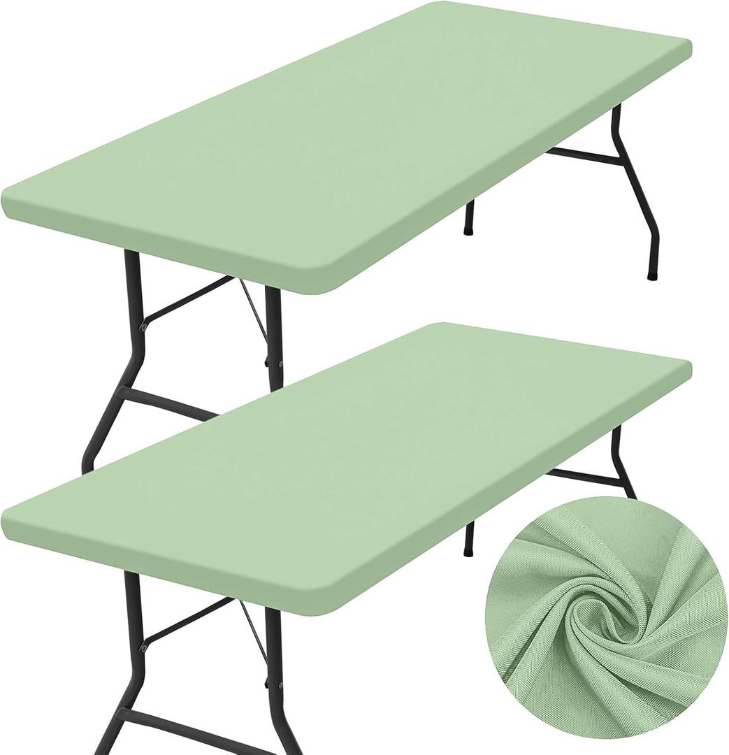 homing 2 Pack Rectangle Table Cloth, Elastic Fitted Fabric Tablecloth Fits for 6 Foot Folding Tables, Washable Table Cover for Picnic, Camping, Indoor & Outdoor (Green, 30" x 72")