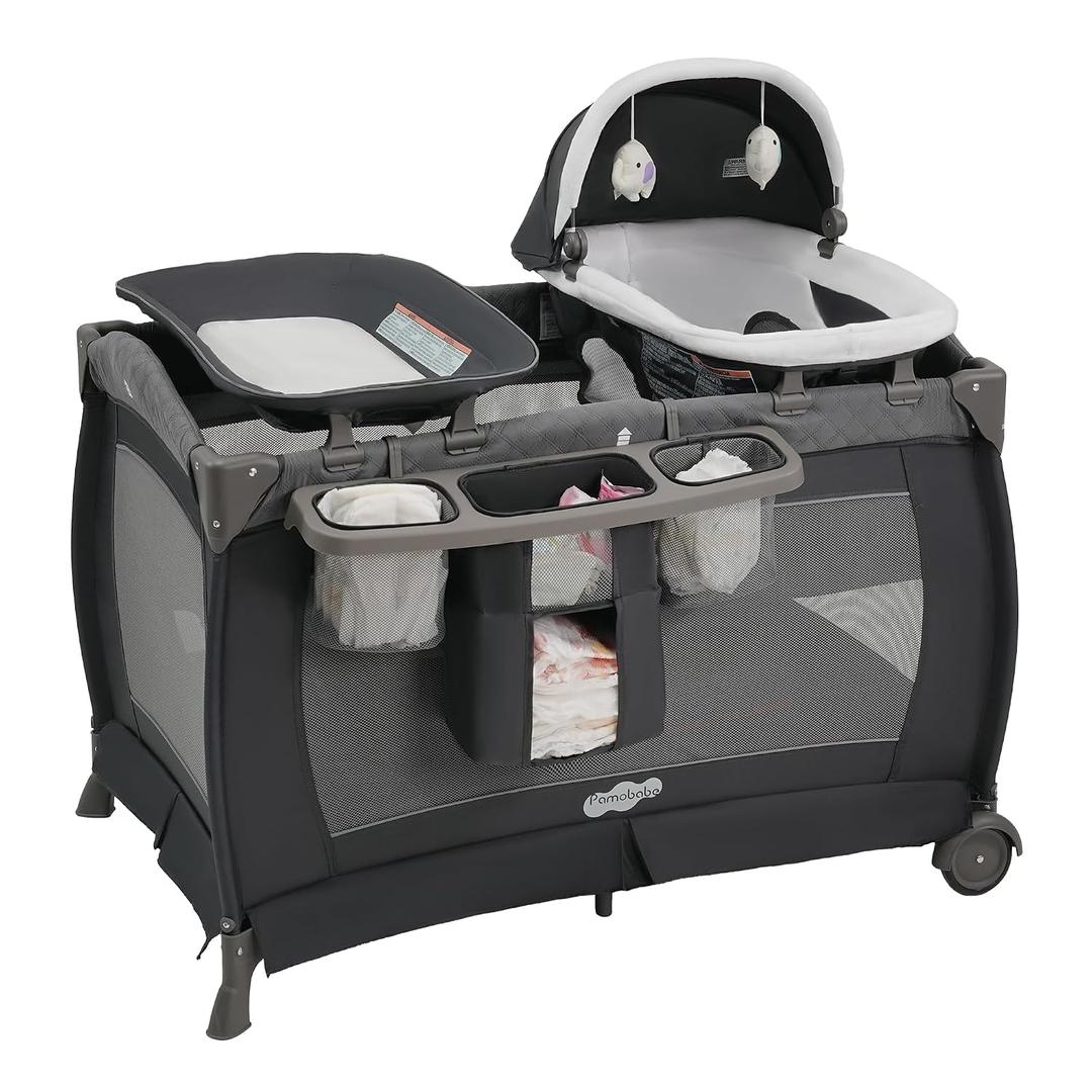 Pamo Babe Pack and Play 4-in-1 Baby Playard with Bassinet & Changing Table, Foldable Portable Playpen with Mattress, Travel Crib for Newborn to Toddler 0-36M-Black