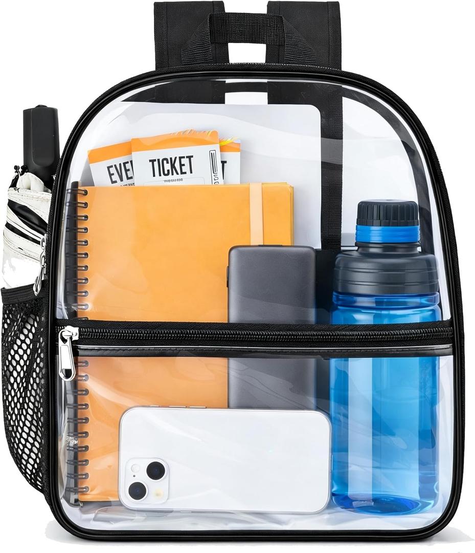 Oraben Clear Backpack Stadium Approved, 12 x 6 x 11 in, Small Transparent Backpack for Concerts, Sports Events, Festivals, Travel, Waterproof PVC, Adjustable Straps, Women Men (Black)