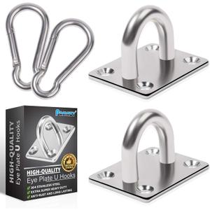 2PCS M8 Premium Heavy Duty Square Stainless Steel Pad Eye Hook + 2PCS Snap Hooks and 8PCS Screws With 8PCS Plastic Expansion Tube, Ceiling Hook for Outdoor Indoor Activity
