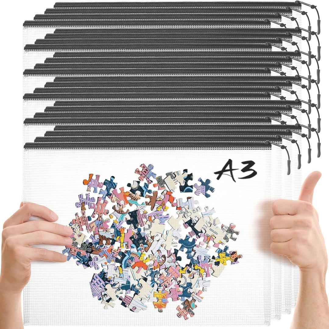 24pcs Mesh Zipper Pouch Puzzle Storage Bags A3 17x12 Inches Large File Bags Black Reusable Zipper Pouches for Organizing, Classroom Board Game Organization