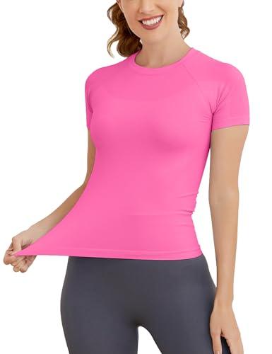 MathCat Short Sleeve Workout Tops for Women, Seamless Women's Compression Shirt, Yoga Running Athletic Shirts Soft Gym Tops Hot Pink, Large