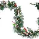 9ft Flocked Pre-Lit Artificial Christmas Garland,Christmas Tree Garland,Flocked Xma Tree Garland with Lights, Pine Cones, Red Berries, Branch Tips,Berry Clusters, Plug in