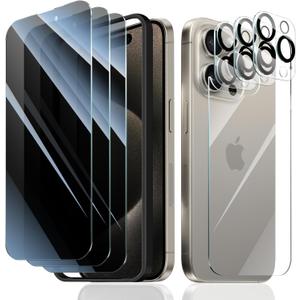 3+3+1+1-Pack, Privacy Screen Protector and Camera Lens Protector for iPhone 15 Pro Max with Back Tempered Glass Film & Installation Alignment Aid, Anti-Spy, Dark Private Black Protection