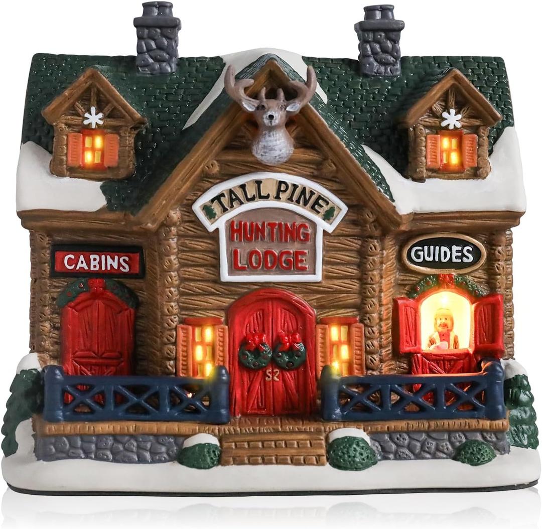 VCUTEKA Christmas Village House Lighted Indoor Decorations Hunting Lodge with LED Light Christmas Village Collectible Buildings Figurines Ceramic House Light up Figurine for Holiday Xmas Decor