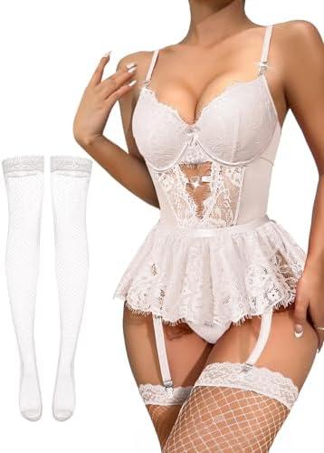 Lilosy Sexy Stocking Rhinestones Heart Garter Underwire Floral Mesh lace Sheer Babydoll Lingerie Teddy Bodysuit Skirt Set, XL