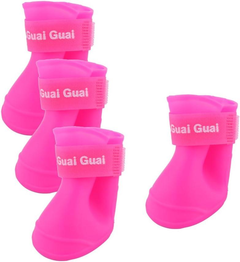uxcell® Rubber Pet Dog Adjustable Closure Water Resistant Shoes Rain Boots 4pcs Magenta, XXL