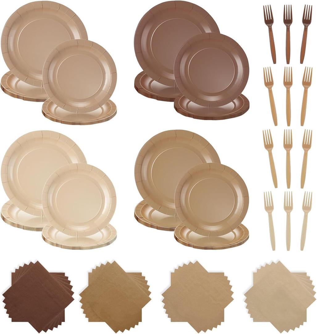 FoldTier 96 Pcs Brown Gradient Disposable Party Plate Set for 24 Guests 9" & 7" Neutral Paper Plate Cocktail Napkin Plastic Forks Boho Dinnerware for Birthday Farmhouse Wedding Baby Shower Tea Party
