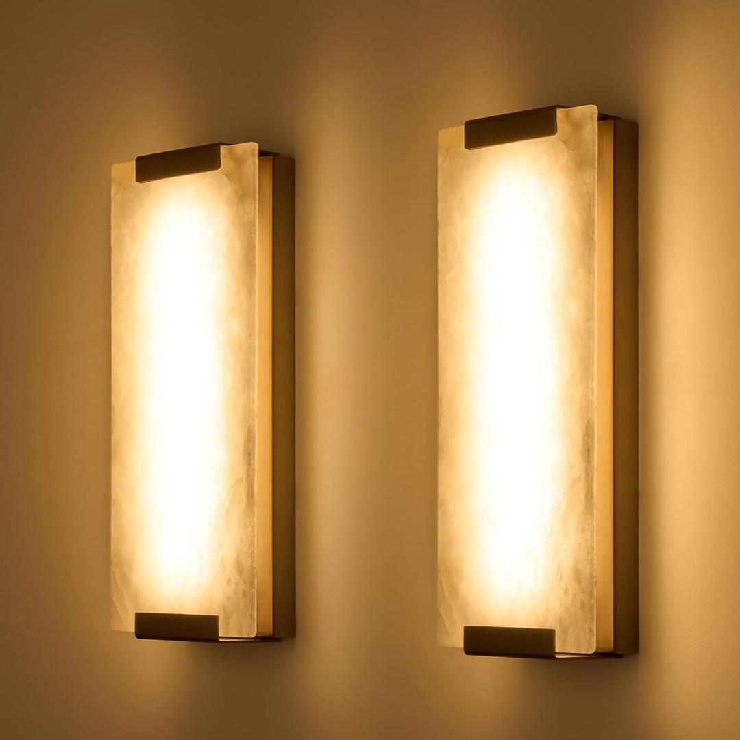 14.2in Alabaster Wall Sconces, Large Natural Marble Wall Sconces Set of Two, LED Modern Wall Lamp for Bedroom, Stairs, Living Room, Vanity, Bedside, Hallway Brushed Bronze 12W, 14.2"L x 5.1"W x 2.64"H