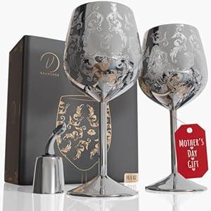 vaanshie Mother’s Day Gift for Mom – Set of 2 Silver Stainless Steel Wine Glasses, 17oz Engraved Goblets with Bottle Stopper, Unbreakable Elegant Wine Cups, Gift for Women, Wife, Mom, Sister