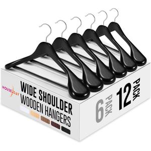 HOUSE DAY Wide Shoulder Wooden Hangers 12 Pack, Wood Suit Hangers for Men with Non Slip Pants Bar, Smooth Finish Solid Wood Coat Hangers for Jacket, Pants, Dress, Heavy Clothes Hangers (Black)