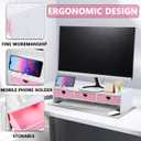 Pink Monitor Riser Elevated Rack 19.29X7.48X3.93In Multi-Purpose Desktop Computer Monitor Stand Organizer Space Saving Durable