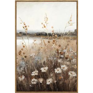KBKBART Vintage Wall Art Framed, Retro Countryside Autumn Wildflower Field Landscape Canvas Painting Farmhouse Decor Wall Art, Rustic Fall Landscape Bathroom Wall Decor for Bedroom Living Room, Country Field, 16"L x 24"W
