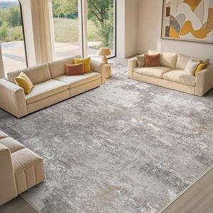 Area Rug Living Room - 8X10 Abstract Washable Large Soft Foldable Non Slip Rug Neutral Modern Low Pile Carpet for Bedroom Nursery Dining Room Farmhouse Home Office Indoor - Grey Brown