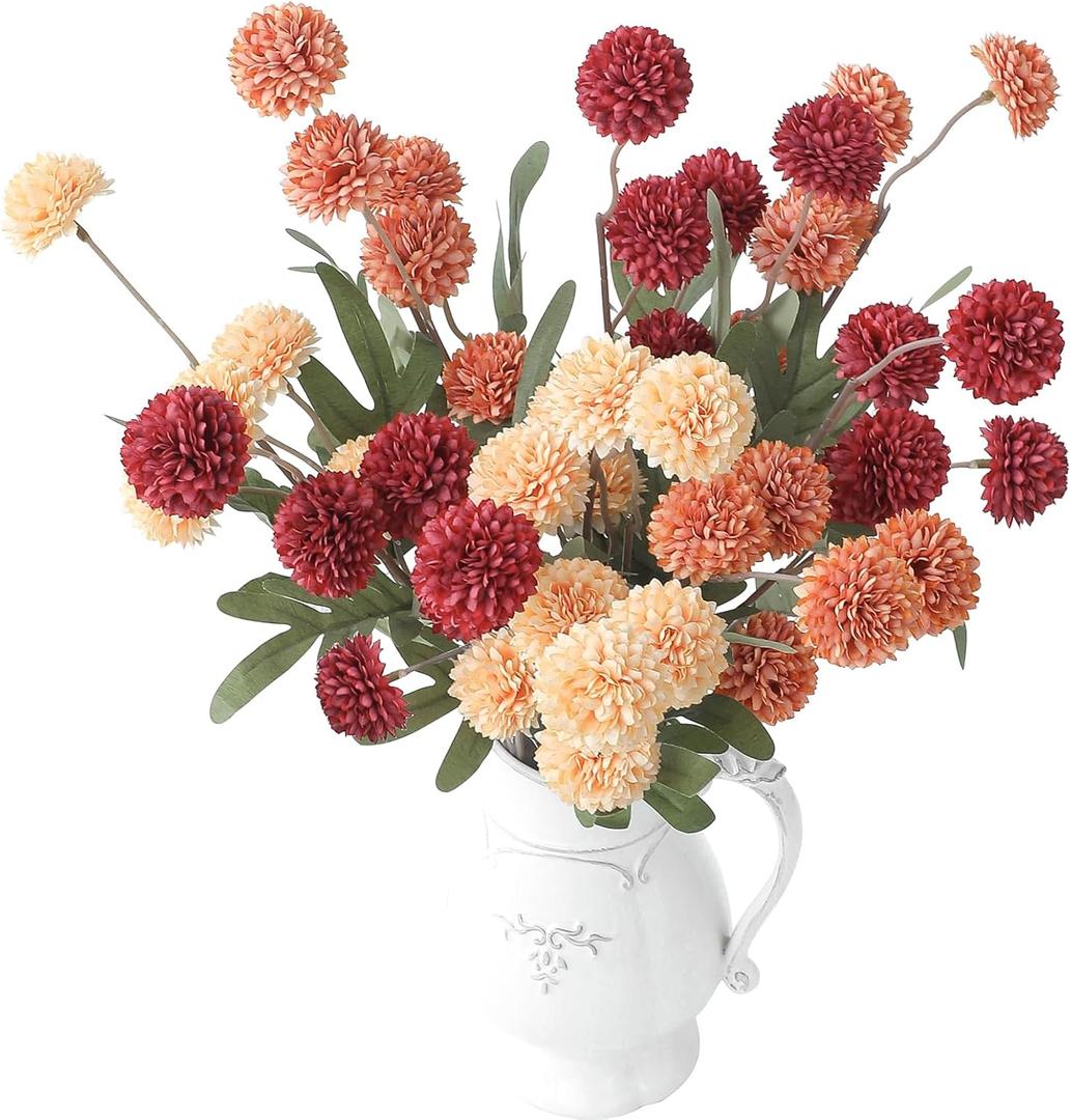 Floroom 9pcs Dark Red Burnt Orange Mix Faux Silk Mums Artificial Flowers, Bulk Fake Small Mini Chrysanthemums with Stems for DIY Wedding Centerpieces Floral Arrangements Vase Fillers Home Decorations (Warm Glow Red) Vase Not Included