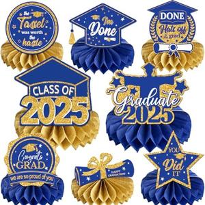 8 PCS Graduation Party Decorations Class of 2025 Blue Congrats Grad Honeycomb Centerpieces Congratulate Graduation Table Toppers for Graduation Party Supplies (Blue Gold)