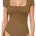 YOGINGO Womens Short Sleeve Square Neck Bodysuit Going Out Body Suit Tops Shirts for Womens Sexy Leotards Cloth,XS, Set of 2