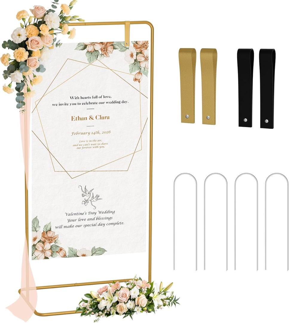 Babenest Welcome Sign Stand, Gold Adjustable Metal Linen Sign Holder with 4 Ground Stakes & 2 Leather Straps, Wedding Banners & Posters for Baby Bridal Valentine Standing Display (Without signs)