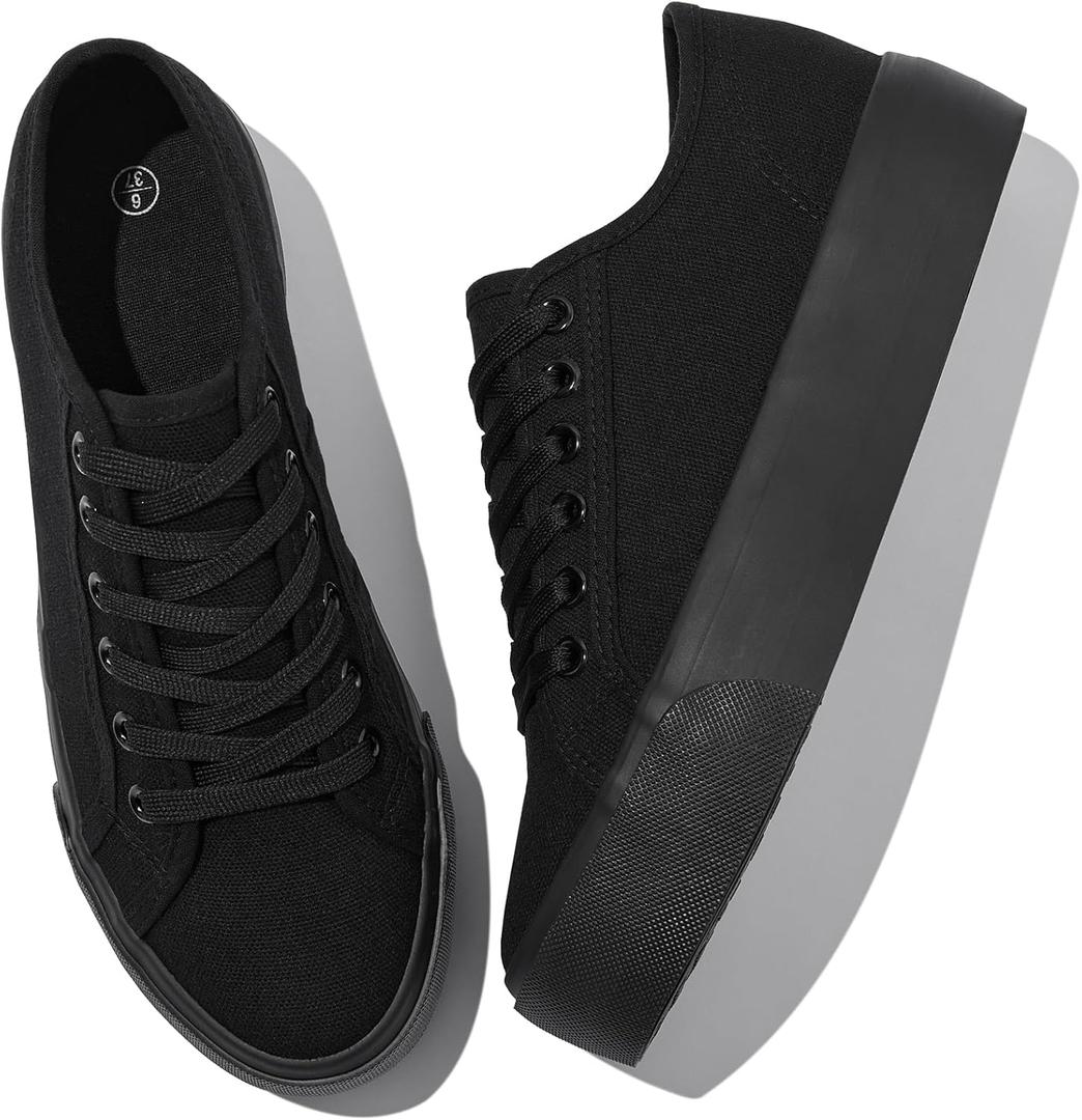 Waluzs Platform Sneakers for Women Low Top Platform Shoes Lace Up Womens Canvas Shoes Breathable White Tennis Shoes (8, Full Black)