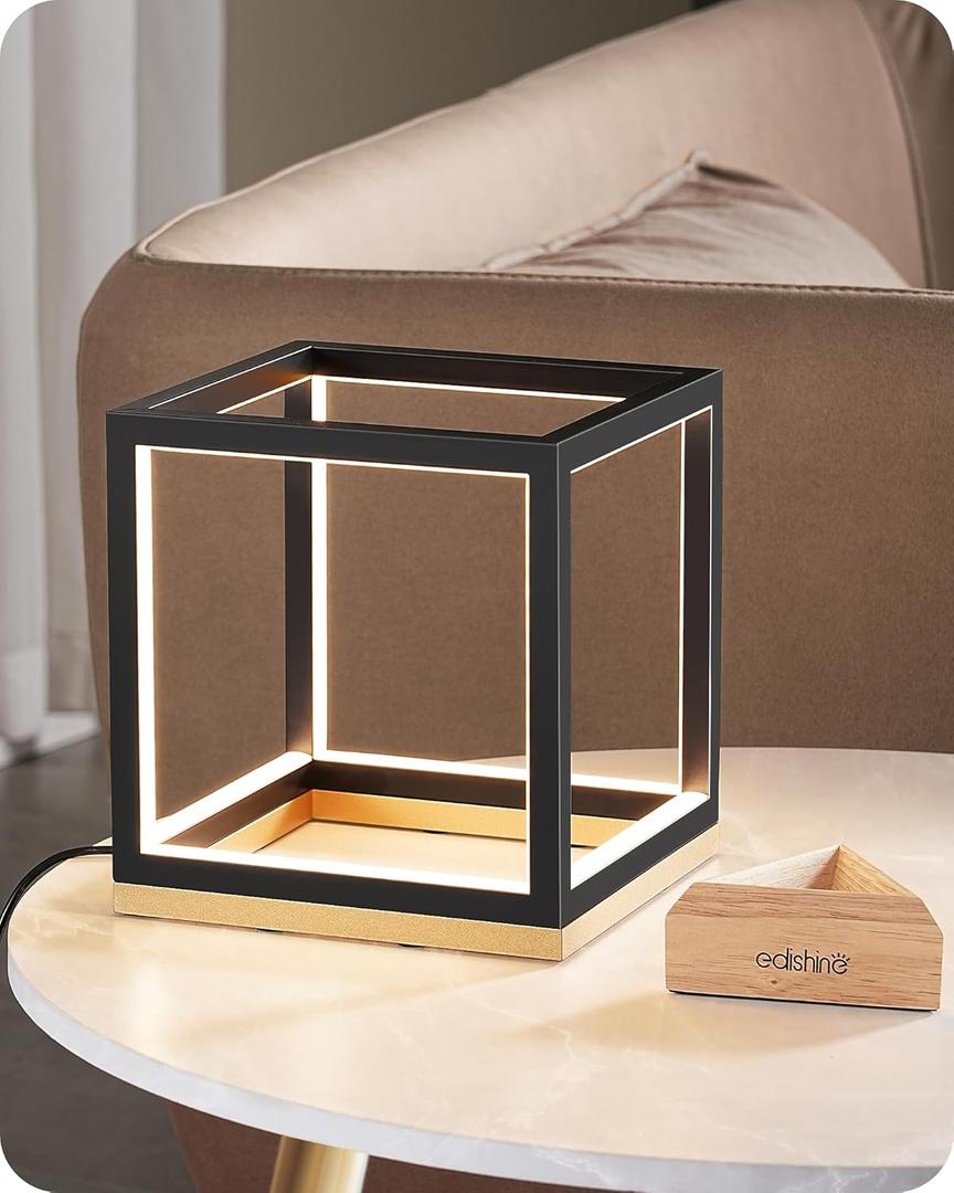 EDISHINE Modern LED Table Lamp, Minimalist Bedside Lamp with Solid Wood Base, 3 Way Dimmable, 3000K/4500K/6000K, 470LM, Black Gold Square Geometric Nightstand Lamp for Living Room, Bedroom, Office