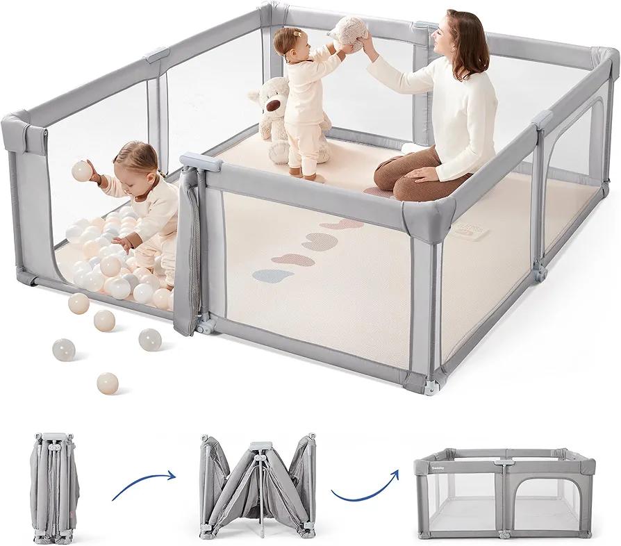 Sweeby Baby Playpen, 59x59 Inch Gate Foldable for Babies and Toddlers, Extra Large With Door Play Yard for Fence Indoor and Outdoor, Gray