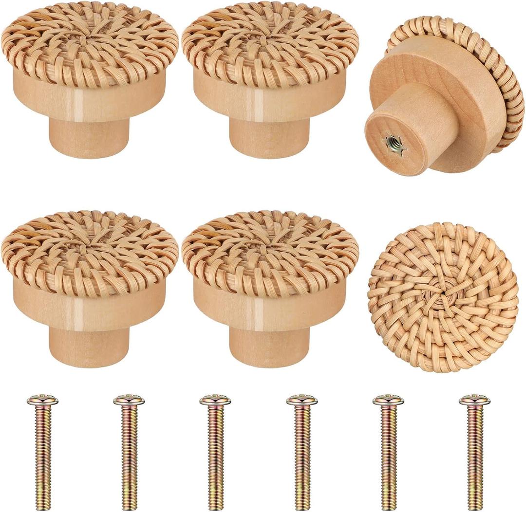 Blulu Boho Rattan Dresser Knobs Round Wooden Drawer Knobs Handmade Wicker Woven and Screws for Boho Furniture Cabinets Dresser Handles Hardware Pulls(Natural,6 Knobs and 6 Screws)