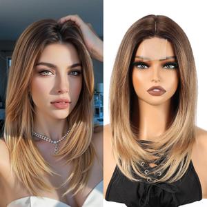 Ombre Honey Blonde Wig for Women, Long Straight Layered Style with Natural-Looking Middle Part, Heat Resistant Synthetic Wig for Daily Use