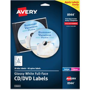 Avery Printable Full-Face CD Labels, Glossy White, Permanent Adhesive, Laser/Inkjet Printable, 20 Disc & 40 Spine Labels, Ideal for CDs, DVDs, PC Discs, Media Projects & More (8944) (One Size)