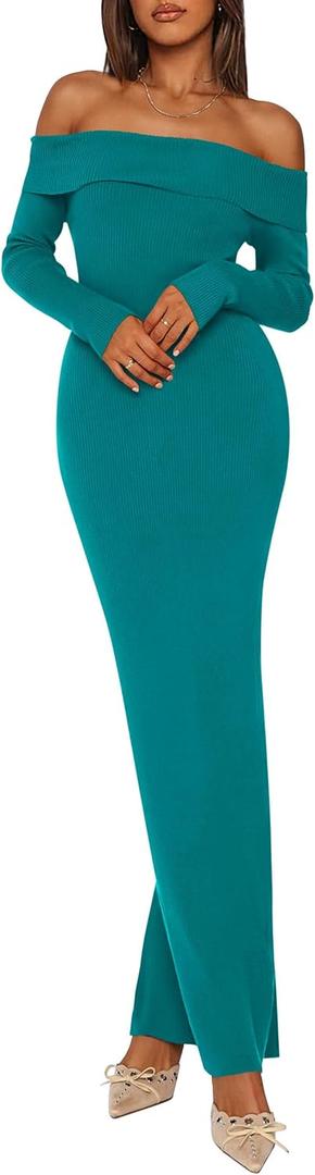PRETTYGARDEN Womens Fall Sweater Dress 2026 Long Sleeve Off Shoulder Slit Maxi Bodycon Cocktail Party Dresses Spring Fashion (L)