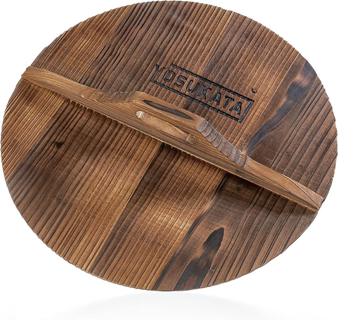 YOSUKATA Cast Iron Wok Cover - Premium Wok Cover 13.5 inch Pan Lid - Wooden Wok Lid 13.5 in with Ergonomic Handle - Condensate-free 13.5 inch Lid - Wok Accessories for Genuine Asian Cooking