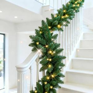 9FT Pre-lit Christmas Garland, Lighted Christmas Garland for Stairs Railing, Battery Operated Christmas Garlands for Mantle, Classic Greenery Xmas Garlands With Lights (1-Pack 9ft)