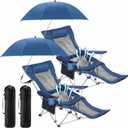 2 Set Reclining Camping Chair with Umbrella, Camping Chair with Foot Rest, Adjustable Chair Umbrella with Clamp, SPF 50+, Folding Mesh Camping Lounger Chair for Outdoor(Blue)