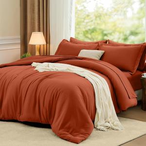  Queen Comforter Set Burnt Orange, 7 Pieces Soft Bedding Sets Queen Size, All Season Lightweight Bed in a Bag with Comforter, Flat Sheet, Fitted Sheet, Pillowcases & Shams