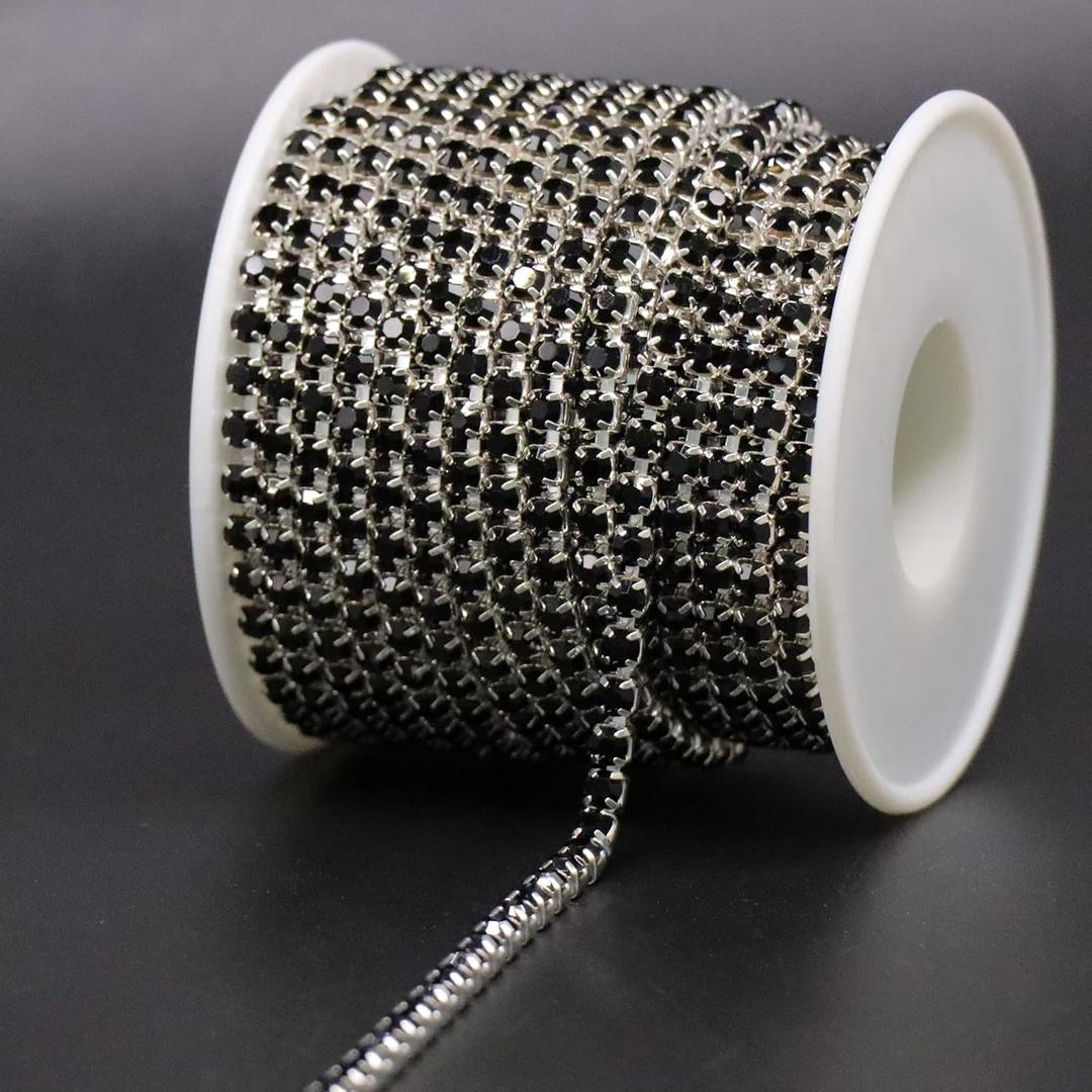 Jerler 10 Yards Crystal Rhinestone Trim SS18/4.0mm, Black Close Chain for Sewing Crafts Ideal Wedding Party Christmas DIY Decoration