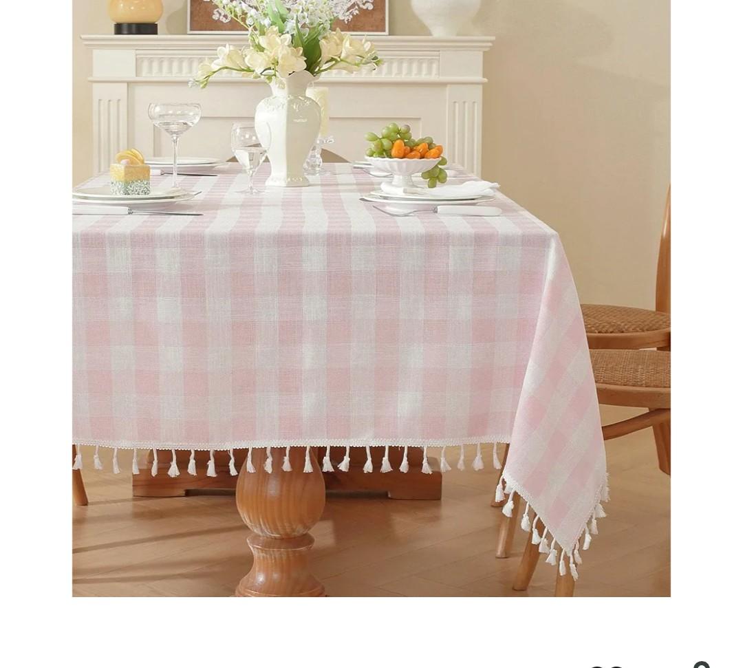 Gingham Tablecloth Rectangular, Tassels Checkered Table Cloth Washable Cotton Linen Plaid Table Cover for Spring Summer Kitchen Dining Party,Pink and White,55x70