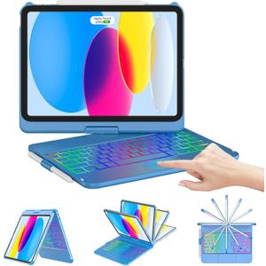 CC Store for iPad (A16) 11th 10th Generation Case with Keyboard - 7 Color Backlit 360° Swivel Multi-Touch Track Pencil Holder for iPad 11-inch A16 2025 10th Gen 10.9 Inch 2022(Blue)