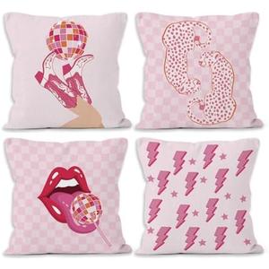 MONALET Hot Pink Preppy Trendy Throw Pillow Covers 18x18 Set of 4, Aesthetic Home Decor Pillow Cases for College Teen Girls Dorm Bedroom, Cowgirl Decorative Square Pillowcases for Couch Sofa Bed