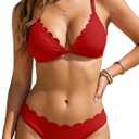 Bikini Sets for Women V Neck Scalloped Edge Low Rise Two Piece Swimsuit Sexy Back Tie Strap Quick Dry Beachwear (Red, S)
