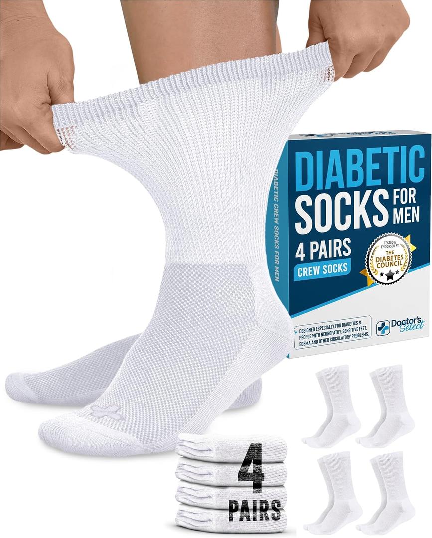 Doctor's SelectÂ® Diabetic Socks for Men - 4 Pairs Crew White Diabetic Socks for Men Size 13-15 | Non-Binding Stretch Top for Neuropathy Wht-4P