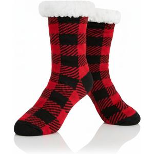 Slipper Socks for Women with Grippers, Fuzzy Christmas Socks Fluffy Cabin Cozy Winter Thick Warm Comfy Fleece Soft for Indoor Outdoor Room (One Size Wide, Red & Black Plaid)