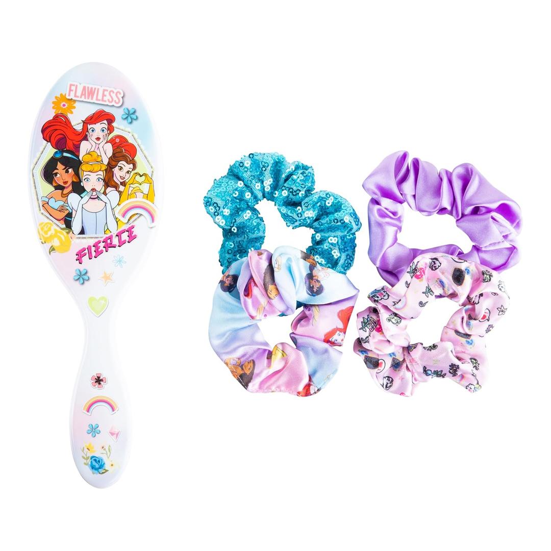 4 x LUV HER Disney Princess Hair Accessory 5 Pcs Set - 1 Large Hairbrush + 4 Scrunchies - Accessories For Girls - Detangling Brush - scrunchies 3 +