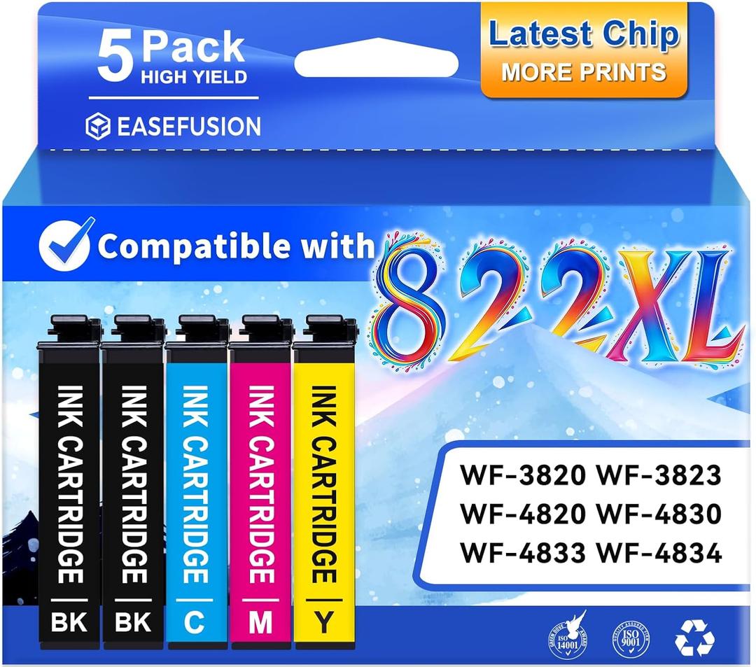 Latest Chip Remanufactured Ink Cartridges Replacement for Epson 822XL 822 XL Ink Cartridges Combo Pack High Capacity Ink Works with Workforce Pro WF-3820, WF-3823, WF-4820, WF-4830, WF-4833, WF-4834
