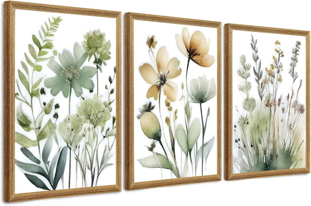SYWENNOI Wood Framed Green Botanical Canvas Wall Art, Boho Floral Watercolor Art Wall Decor, Minimalist Flower Pictures Poster Prints for Bedroom Bathroom Living Room Ready to Hang 16x24 Inches