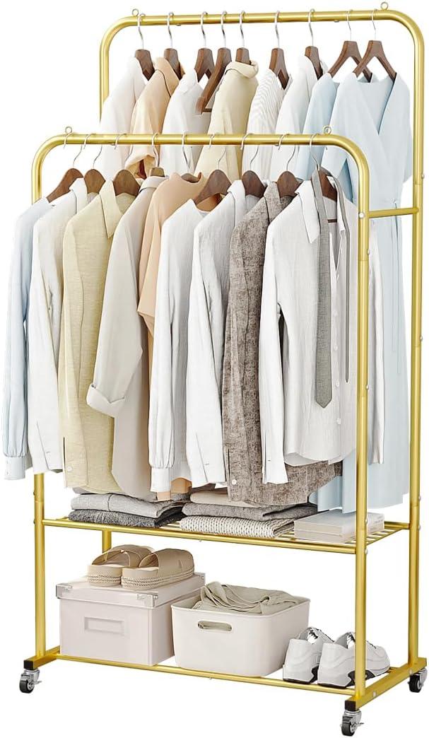 SUOERNUO Clothes Rack with Wheels Garment Rack for Hanging Heavy-Duty Clothing Rack Metal Rolling Clothes Shelves for Bedroom, Closet (Golden) (Golden+Double Rods Small)