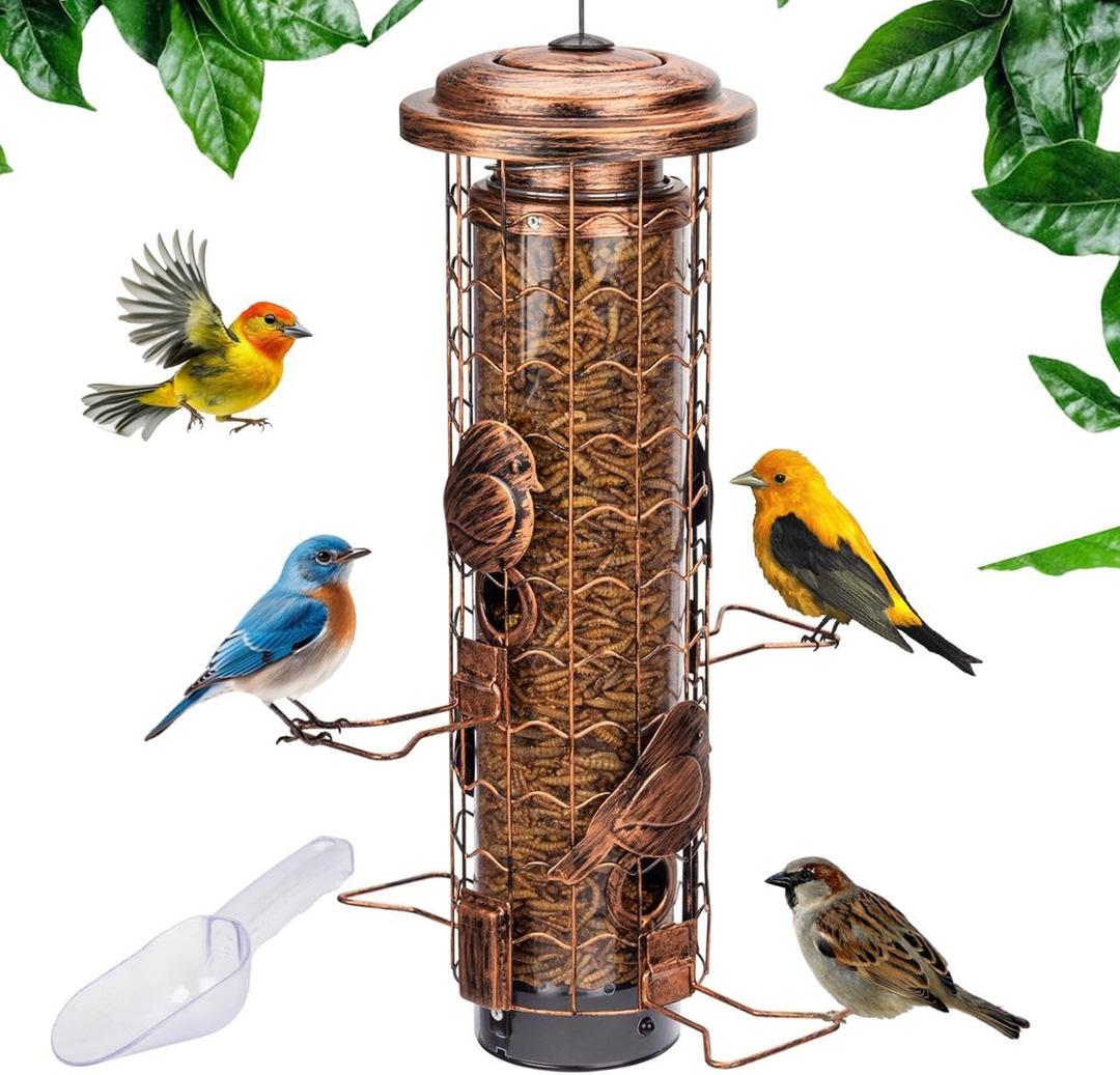 Squirrel-Proof Bird Feeders for Outdoors Feeds Mealworms and Seeds - Large 3-Pound Capacity, Weather-Resistant Hanging Tube for Birds Includes Seed Scoop, 4 Hook-Shaped Perches, Anti-Squirrel Weights