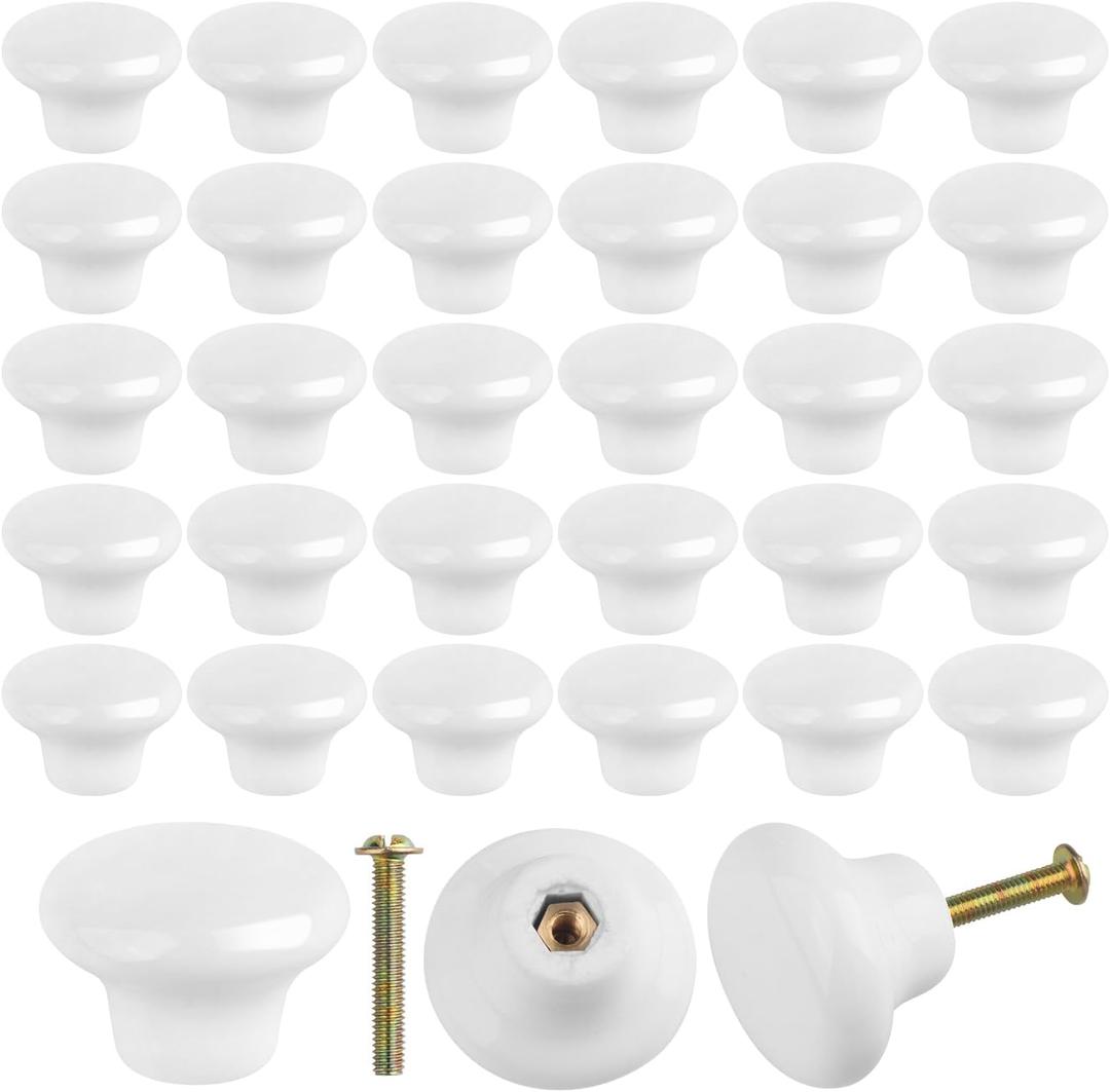40 Packs White Ceramic Cabinet Knobs, Glossy Ceramic Knobs, Handles Drawer Cupboard Cabinet Knobs for Kitchen Office Bathroom, Wardrobe Drawer, Dresser