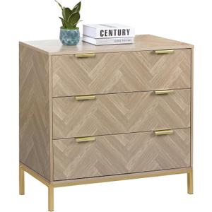 Modern 3-Drawer Storage Cabinet, Mid-Century Natural Oak 3-Drawer Table with Gold Metal Legs, Space-Saving Home Organizer Furniture Large Nightstand for Living Room, Entryway