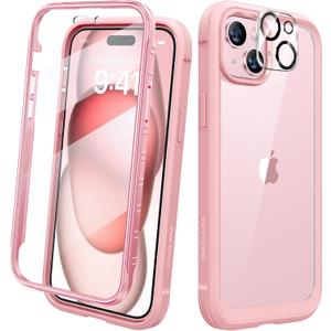 Diaclara Designed for iPhone 15 Plus Case 6.7 Inch,Full Body Rugged Case with Built-in Touch Sensitive Anti-Scratch Screen Protector+9H Tempered Glass Camera Lens Protector, Coral Pink